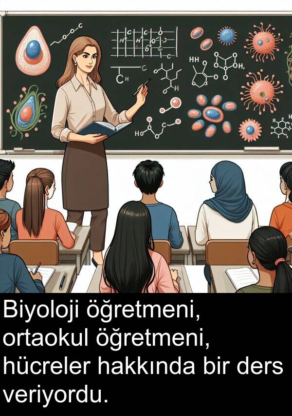 veriyordu: Biyoloji öğretmeni, ortaokul öğretmeni, hücreler hakkında bir ders veriyordu.
