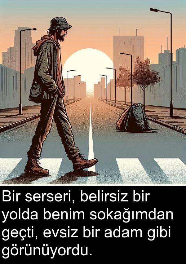 geçti: Bir serseri, belirsiz bir yolda benim sokağımdan geçti, evsiz bir adam gibi görünüyordu.