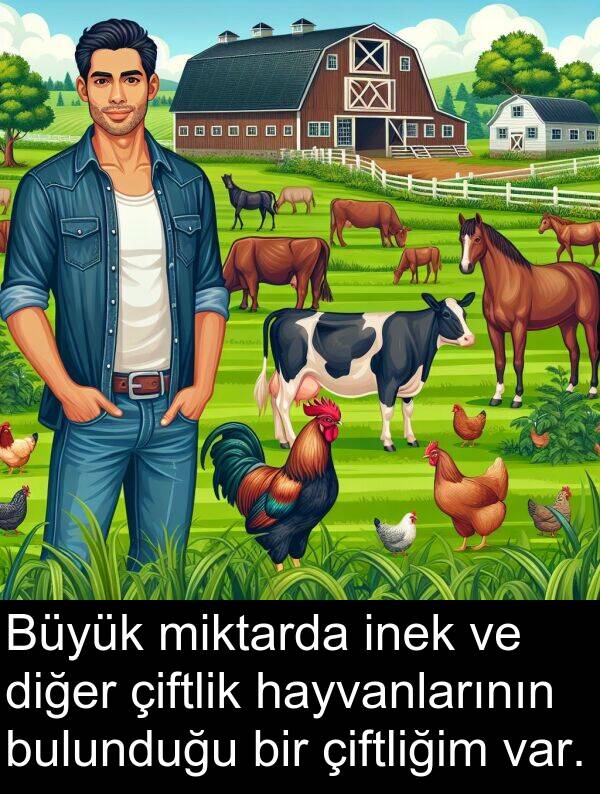 inek: Büyük miktarda inek ve diğer çiftlik hayvanlarının bulunduğu bir çiftliğim var.