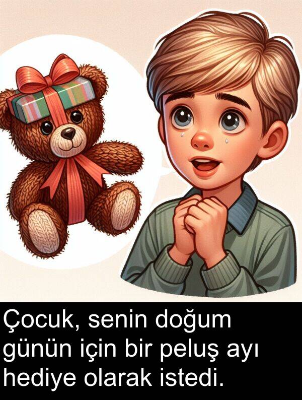 senin: Çocuk, senin doğum günün için bir peluş ayı hediye olarak istedi.