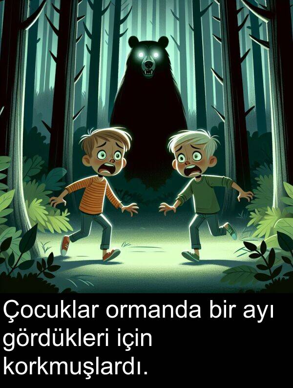 ayı: Çocuklar ormanda bir ayı gördükleri için korkmuşlardı.