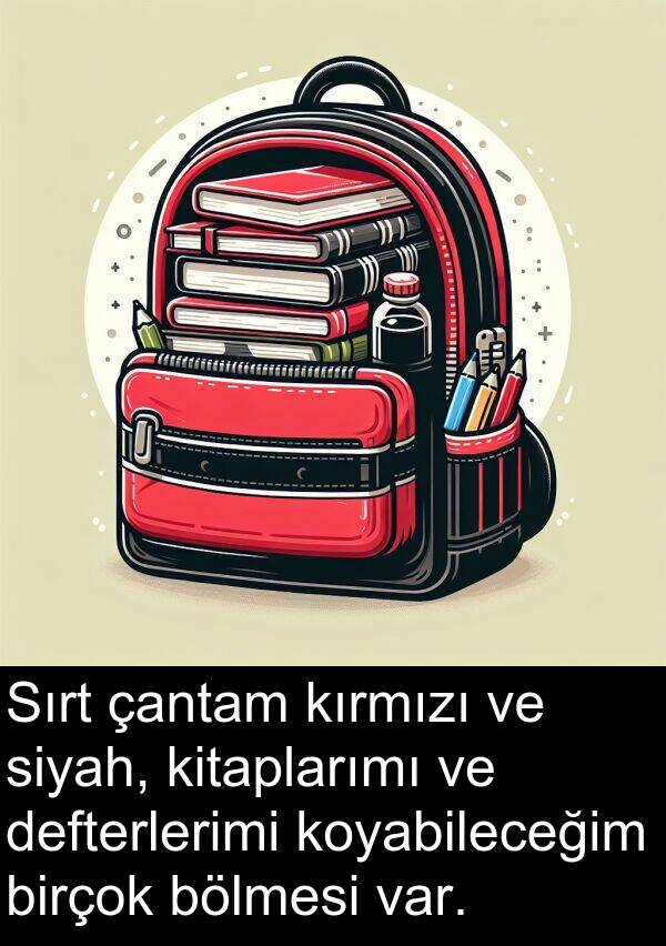 çantam: Sırt çantam kırmızı ve siyah, kitaplarımı ve defterlerimi koyabileceğim birçok bölmesi var.
