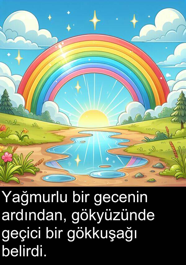 gecenin: Yağmurlu bir gecenin ardından, gökyüzünde geçici bir gökkuşağı belirdi.