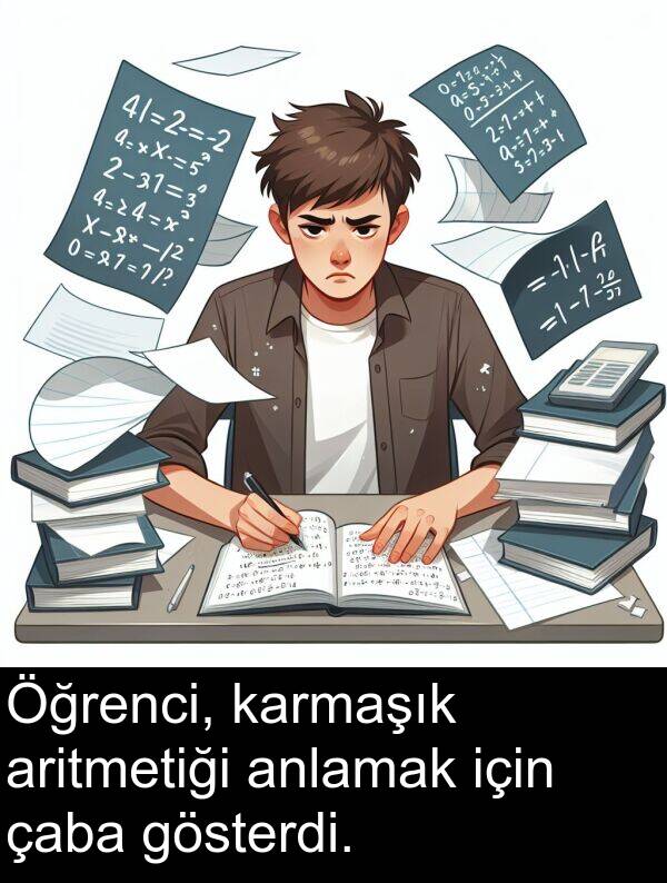 aritmetiği: Öğrenci, karmaşık aritmetiği anlamak için çaba gösterdi.