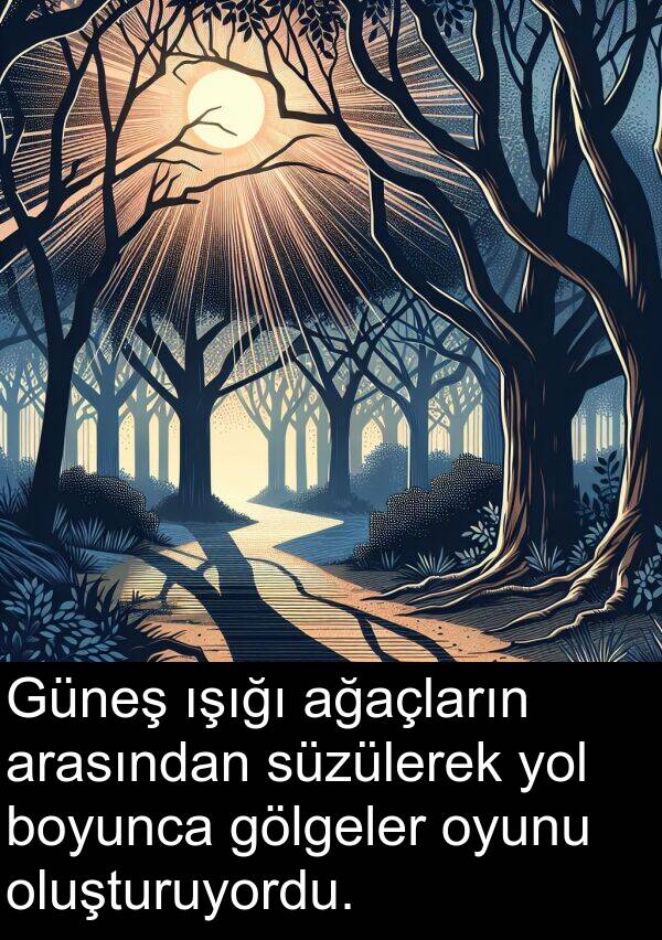 arasından: Güneş ışığı ağaçların arasından süzülerek yol boyunca gölgeler oyunu oluşturuyordu.