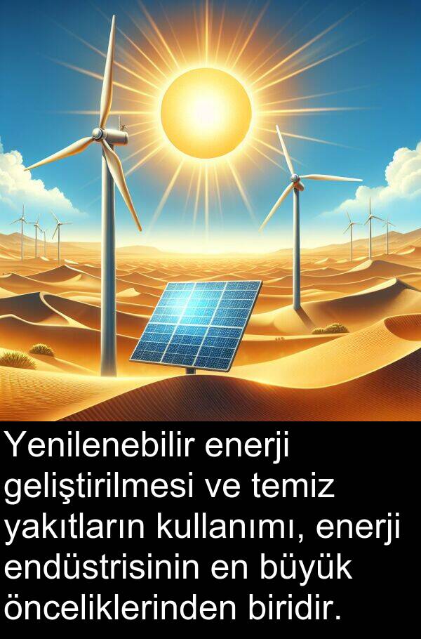 geliştirilmesi: Yenilenebilir enerji geliştirilmesi ve temiz yakıtların kullanımı, enerji endüstrisinin en büyük önceliklerinden biridir.