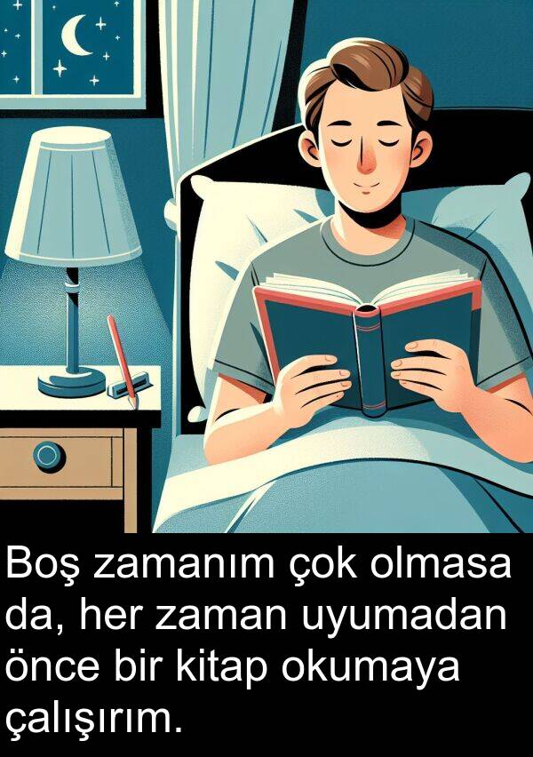 zamanım: Boş zamanım çok olmasa da, her zaman uyumadan önce bir kitap okumaya çalışırım.