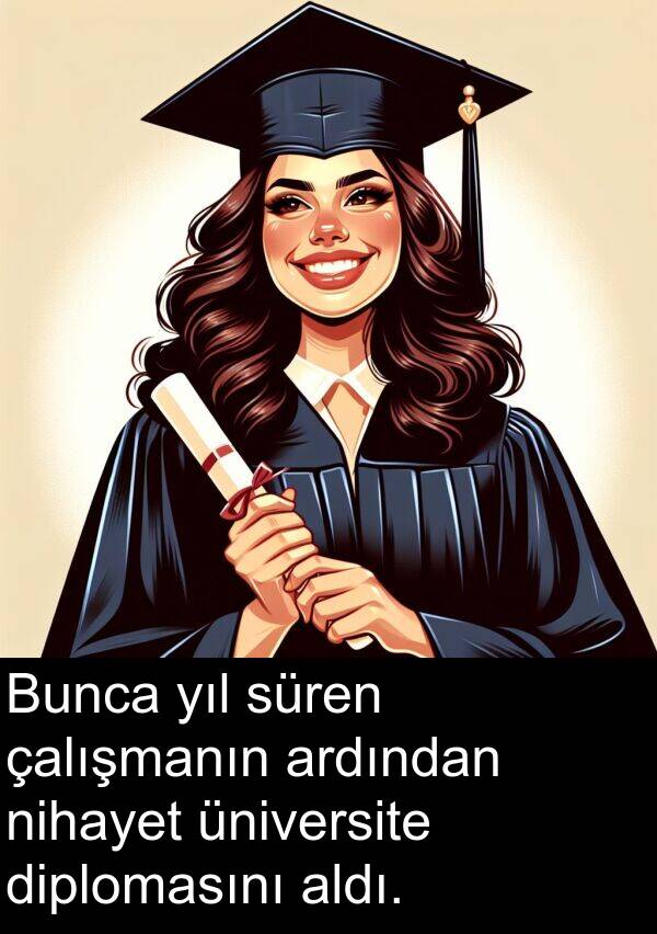nihayet: Bunca yıl süren çalışmanın ardından nihayet üniversite diplomasını aldı.