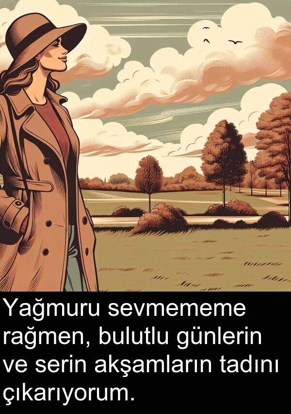akşamların: Yağmuru sevmememe rağmen, bulutlu günlerin ve serin akşamların tadını çıkarıyorum.