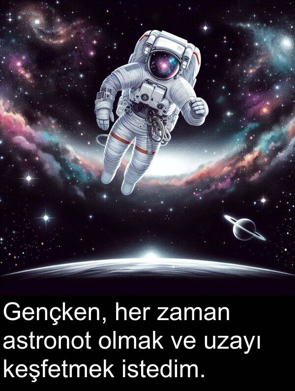 astronot: Gençken, her zaman astronot olmak ve uzayı keşfetmek istedim.