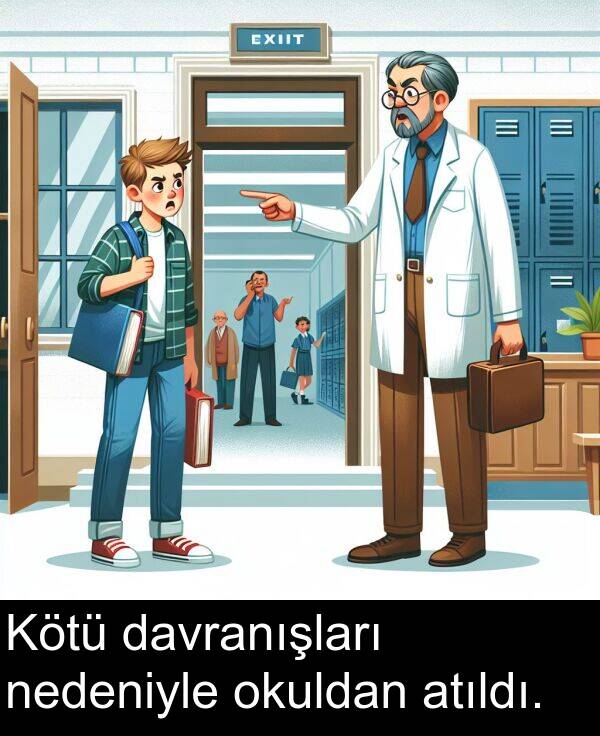nedeniyle: Kötü davranışları nedeniyle okuldan atıldı.