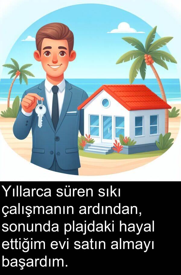 satın: Yıllarca süren sıkı çalışmanın ardından, sonunda plajdaki hayal ettiğim evi satın almayı başardım.