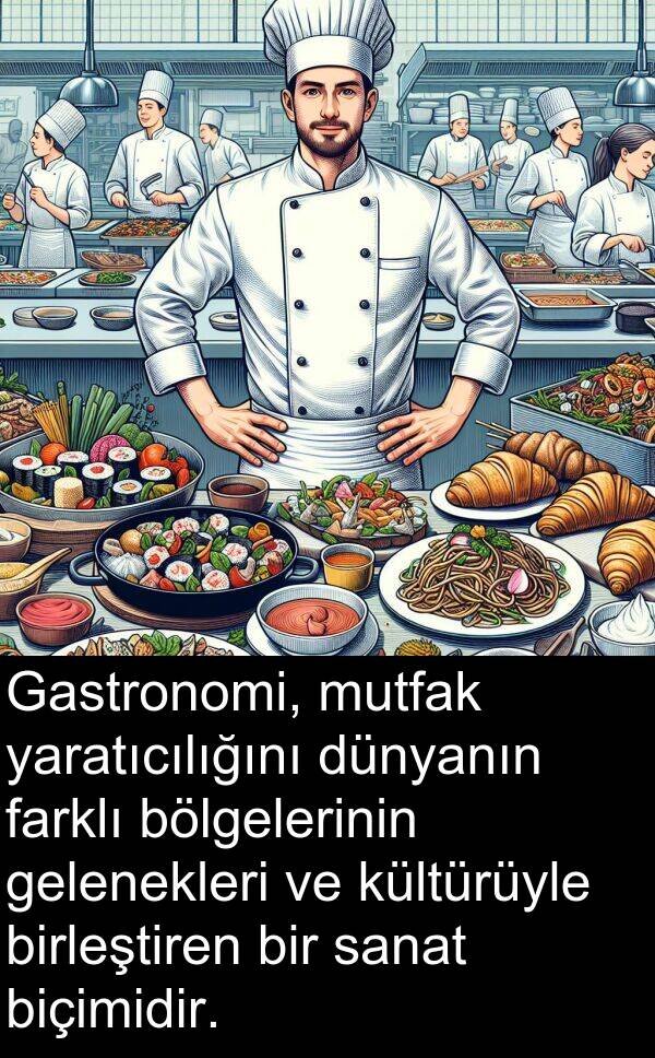 sanat: Gastronomi, mutfak yaratıcılığını dünyanın farklı bölgelerinin gelenekleri ve kültürüyle birleştiren bir sanat biçimidir.