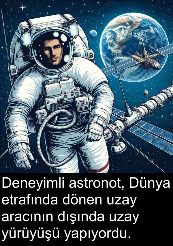 astronot: Deneyimli astronot, Dünya etrafında dönen uzay aracının dışında uzay yürüyüşü yapıyordu.