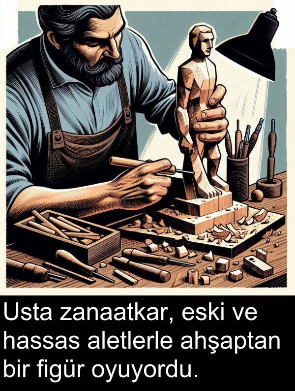 ahşaptan: Usta zanaatkar, eski ve hassas aletlerle ahşaptan bir figür oyuyordu.