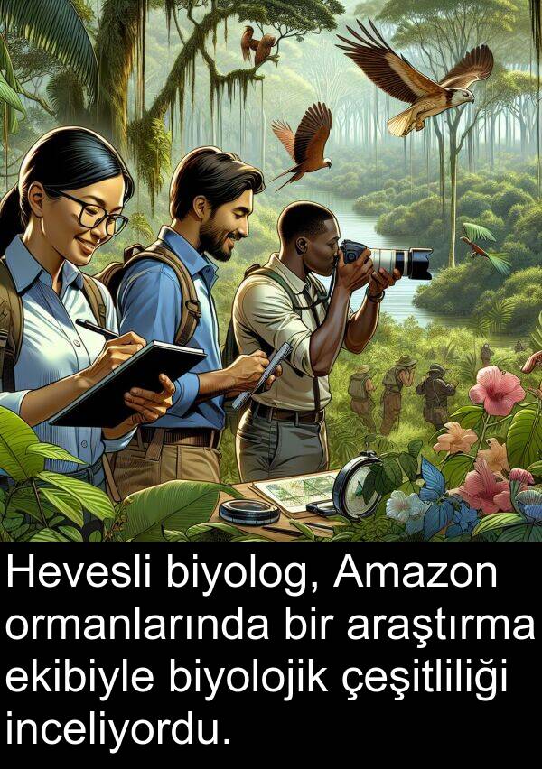 ekibiyle: Hevesli biyolog, Amazon ormanlarında bir araştırma ekibiyle biyolojik çeşitliliği inceliyordu.