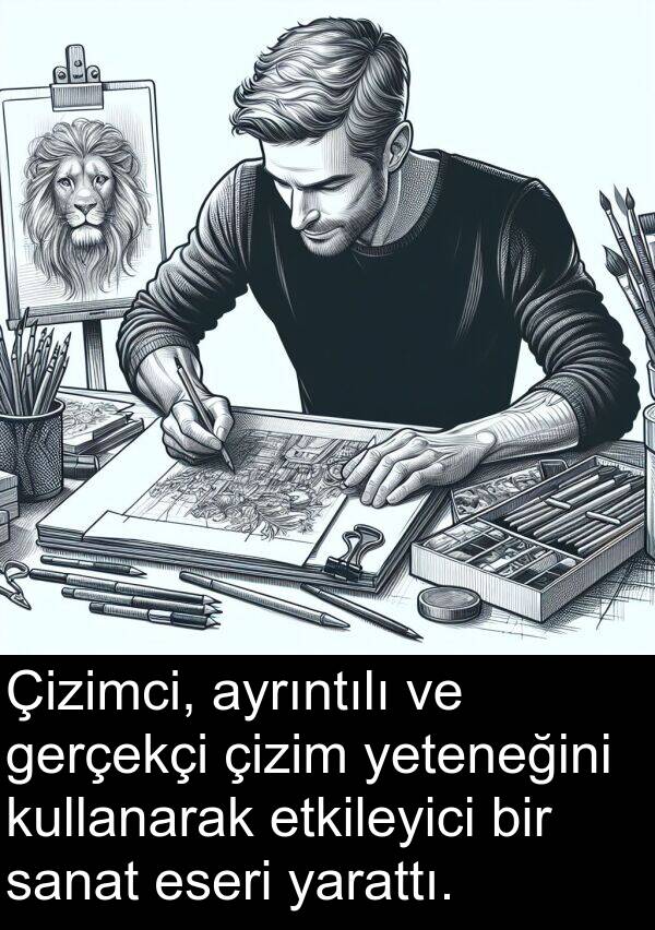 sanat: Çizimci, ayrıntılı ve gerçekçi çizim yeteneğini kullanarak etkileyici bir sanat eseri yarattı.