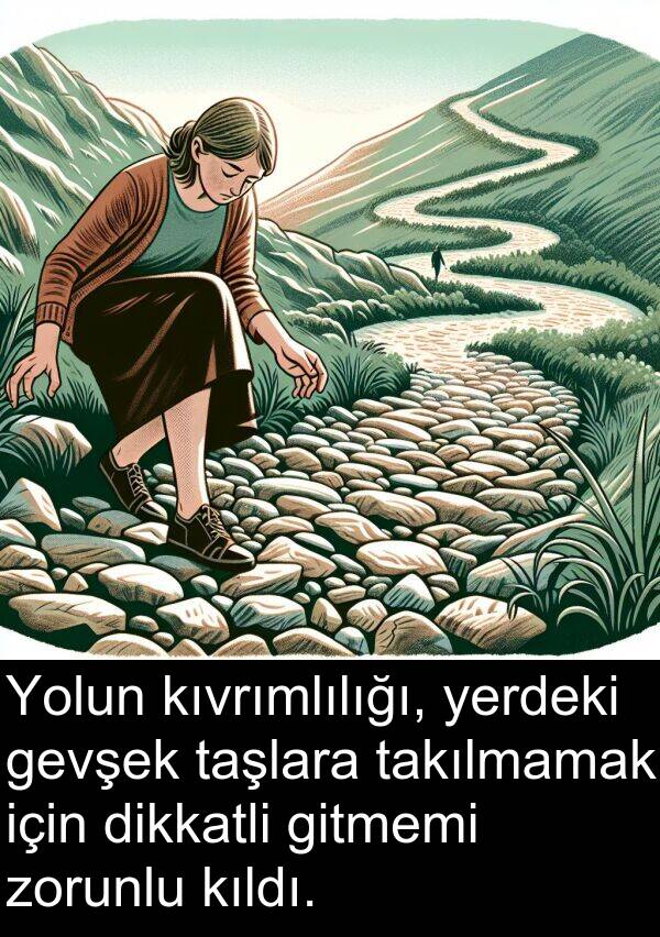 gevşek: Yolun kıvrımlılığı, yerdeki gevşek taşlara takılmamak için dikkatli gitmemi zorunlu kıldı.