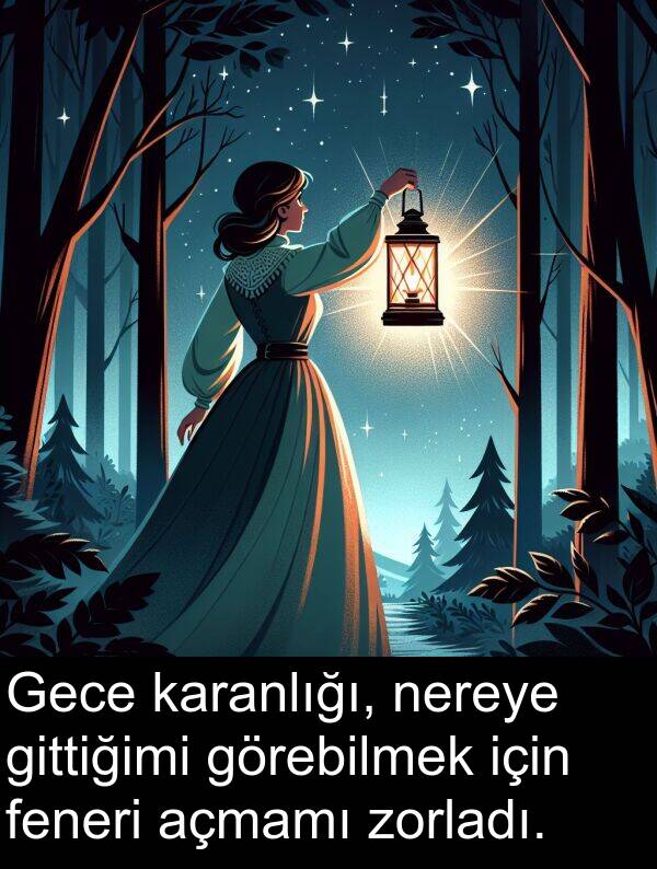 nereye: Gece karanlığı, nereye gittiğimi görebilmek için feneri açmamı zorladı.