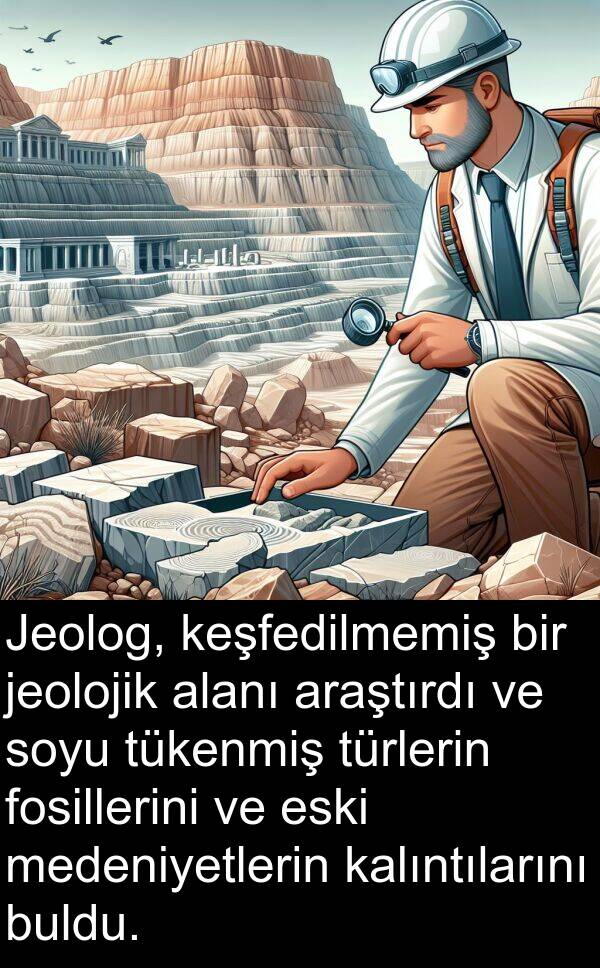 kalıntılarını: Jeolog, keşfedilmemiş bir jeolojik alanı araştırdı ve soyu tükenmiş türlerin fosillerini ve eski medeniyetlerin kalıntılarını buldu.