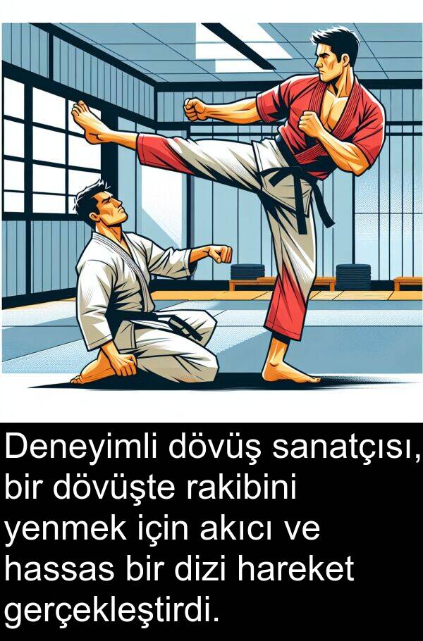 gerçekleştirdi: Deneyimli dövüş sanatçısı, bir dövüşte rakibini yenmek için akıcı ve hassas bir dizi hareket gerçekleştirdi.