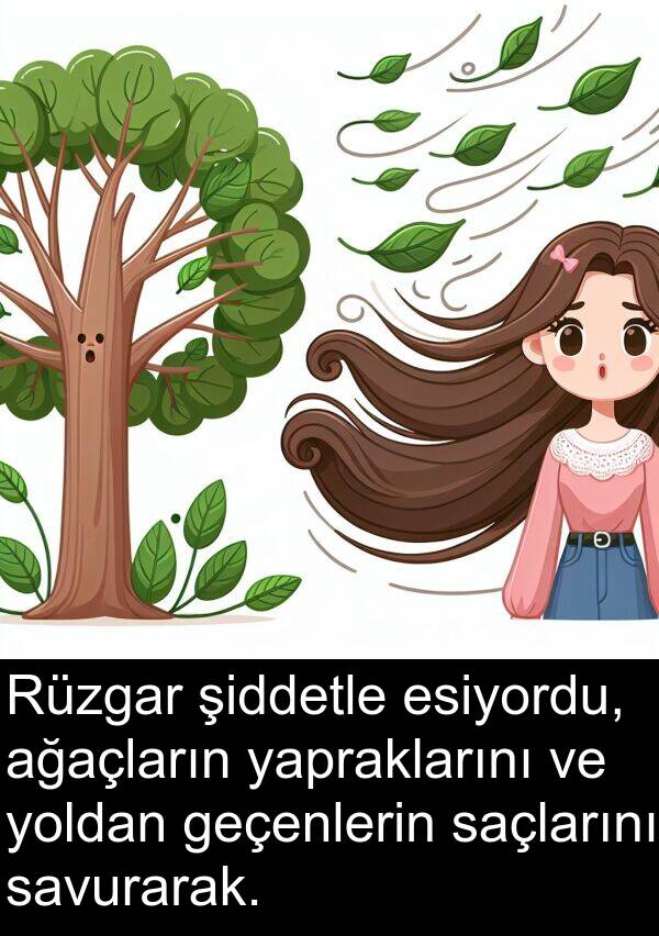 geçenlerin: Rüzgar şiddetle esiyordu, ağaçların yapraklarını ve yoldan geçenlerin saçlarını savurarak.