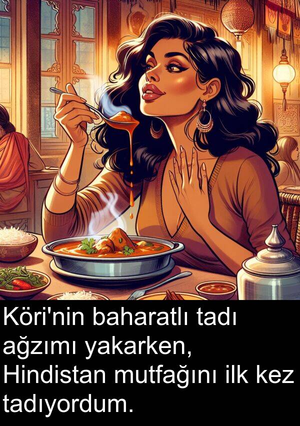 ağzımı: Köri'nin baharatlı tadı ağzımı yakarken, Hindistan mutfağını ilk kez tadıyordum.