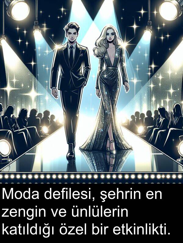 etkinlikti: Moda defilesi, şehrin en zengin ve ünlülerin katıldığı özel bir etkinlikti.