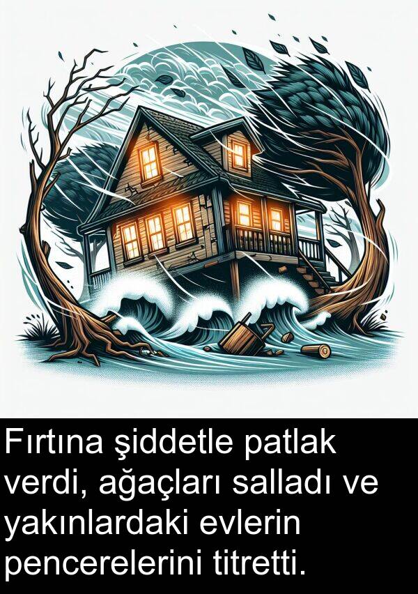 ağaçları: Fırtına şiddetle patlak verdi, ağaçları salladı ve yakınlardaki evlerin pencerelerini titretti.