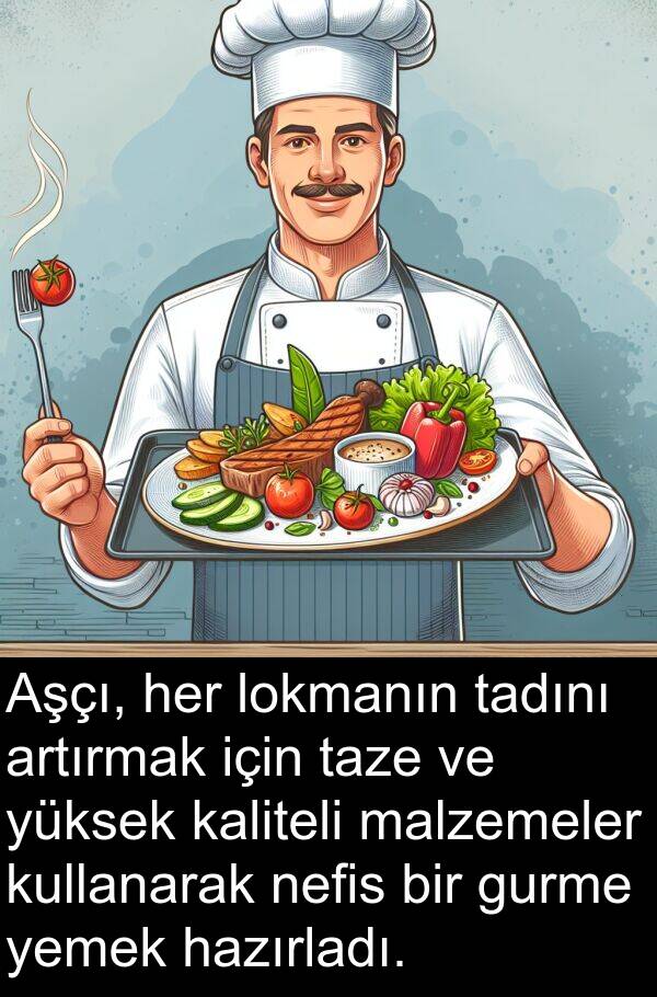 nefis: Aşçı, her lokmanın tadını artırmak için taze ve yüksek kaliteli malzemeler kullanarak nefis bir gurme yemek hazırladı.
