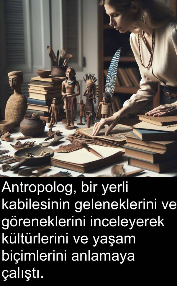 geleneklerini: Antropolog, bir yerli kabilesinin geleneklerini ve göreneklerini inceleyerek kültürlerini ve yaşam biçimlerini anlamaya çalıştı.