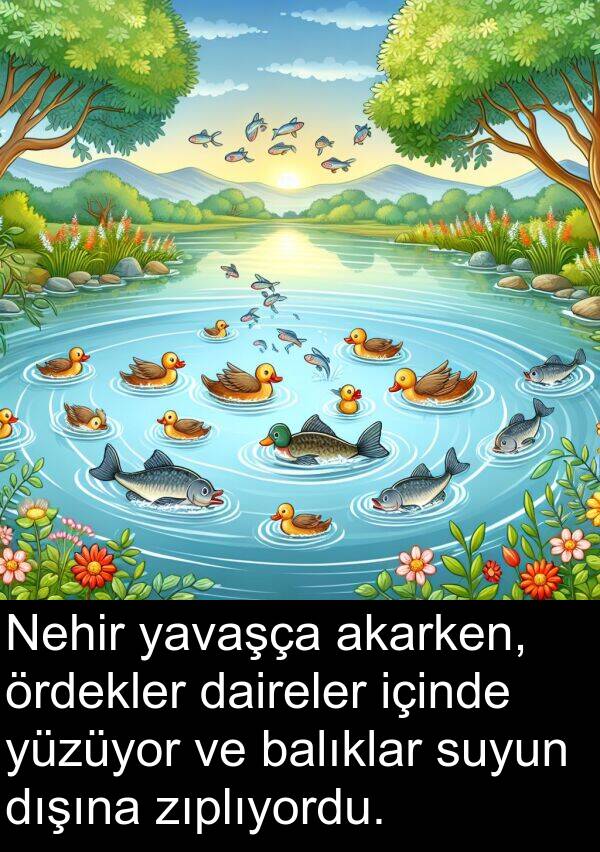 akarken: Nehir yavaşça akarken, ördekler daireler içinde yüzüyor ve balıklar suyun dışına zıplıyordu.