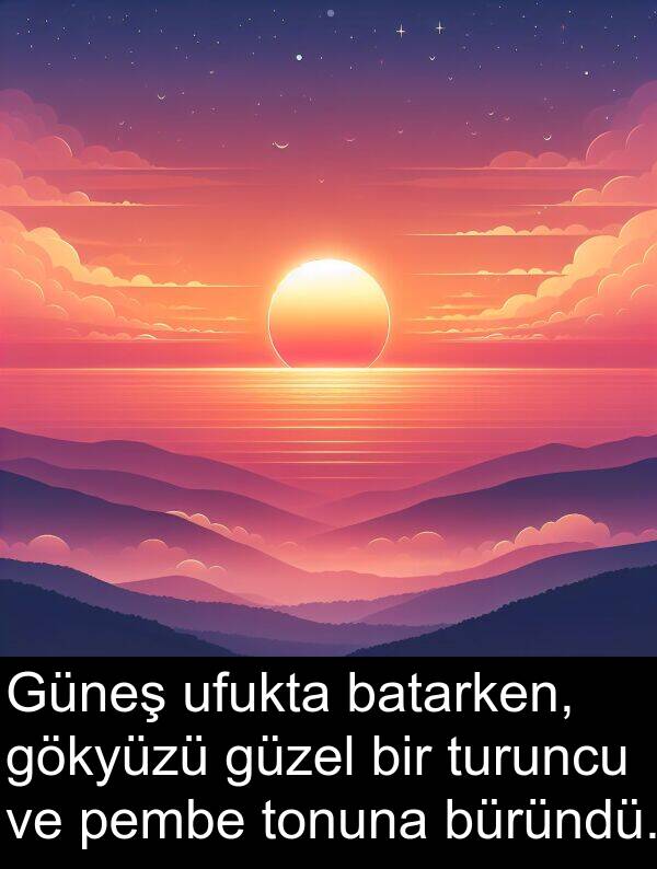 ufukta: Güneş ufukta batarken, gökyüzü güzel bir turuncu ve pembe tonuna büründü.