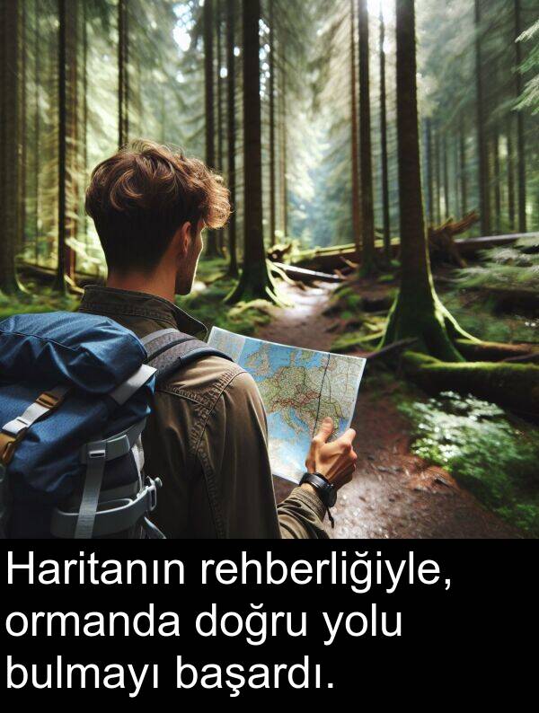 başardı: Haritanın rehberliğiyle, ormanda doğru yolu bulmayı başardı.