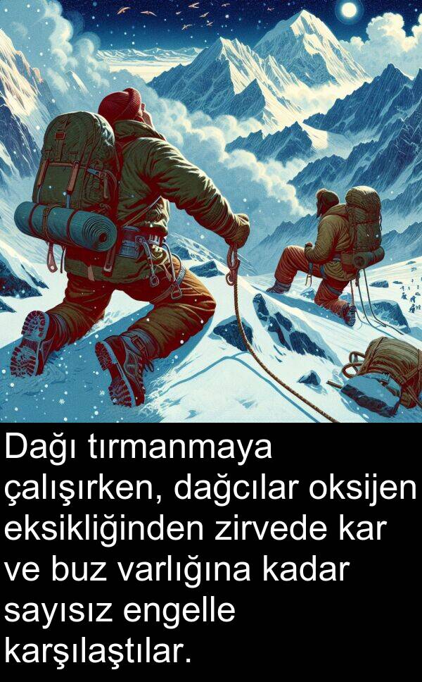 zirvede: Dağı tırmanmaya çalışırken, dağcılar oksijen eksikliğinden zirvede kar ve buz varlığına kadar sayısız engelle karşılaştılar.