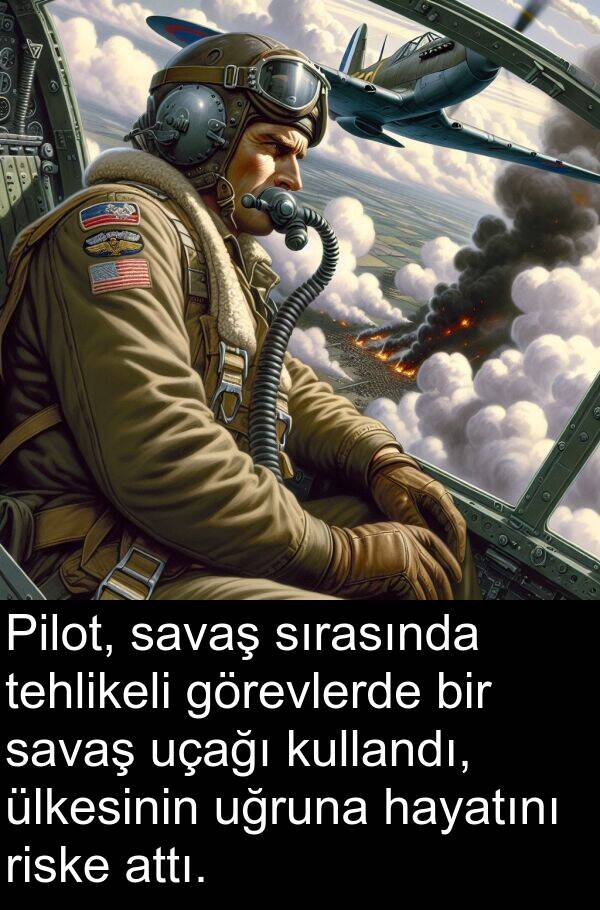 savaş: Pilot, savaş sırasında tehlikeli görevlerde bir savaş uçağı kullandı, ülkesinin uğruna hayatını riske attı.