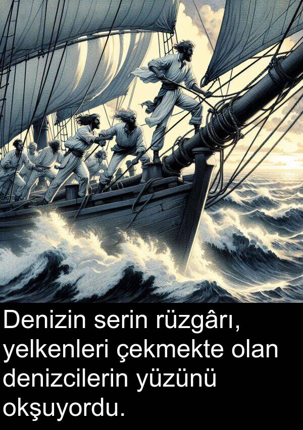 serin: Denizin serin rüzgârı, yelkenleri çekmekte olan denizcilerin yüzünü okşuyordu.