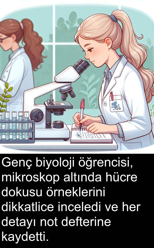 not: Genç biyoloji öğrencisi, mikroskop altında hücre dokusu örneklerini dikkatlice inceledi ve her detayı not defterine kaydetti.