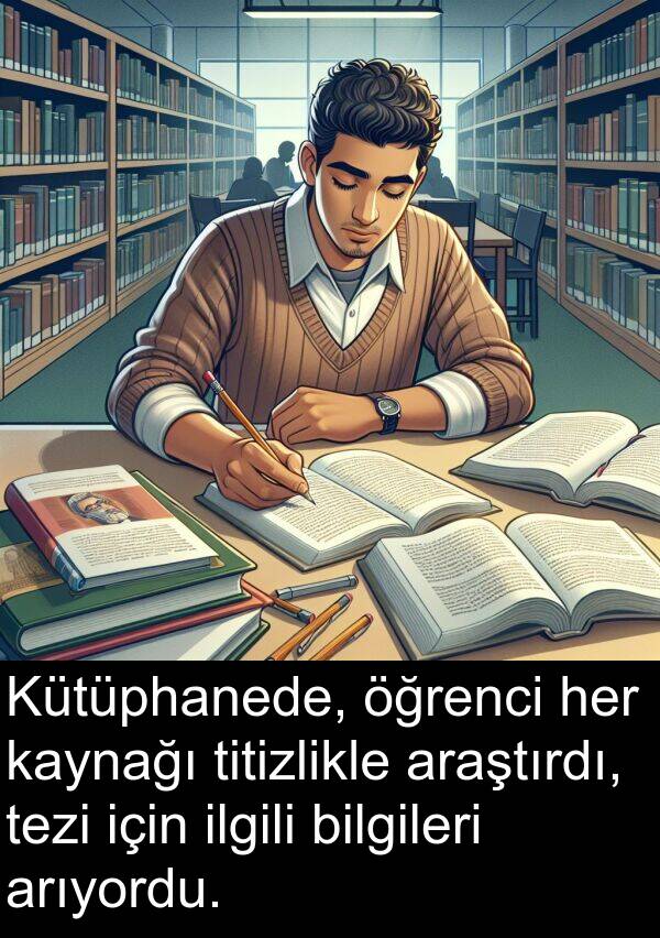 ilgili: Kütüphanede, öğrenci her kaynağı titizlikle araştırdı, tezi için ilgili bilgileri arıyordu.