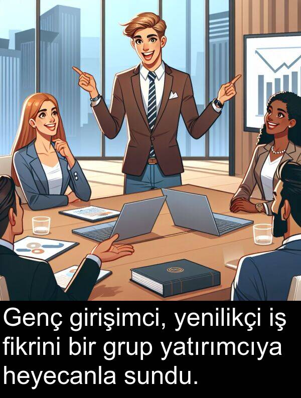 heyecanla: Genç girişimci, yenilikçi iş fikrini bir grup yatırımcıya heyecanla sundu.