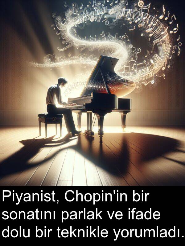 parlak: Piyanist, Chopin'in bir sonatını parlak ve ifade dolu bir teknikle yorumladı.