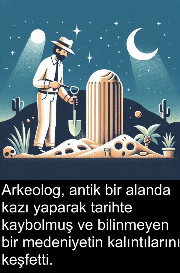 kalıntılarını: Arkeolog, antik bir alanda kazı yaparak tarihte kaybolmuş ve bilinmeyen bir medeniyetin kalıntılarını keşfetti.