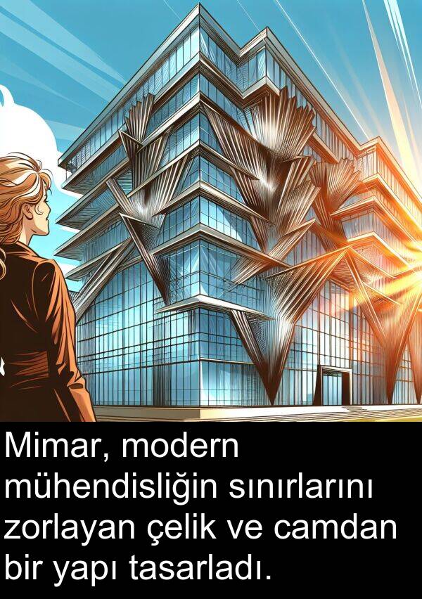 zorlayan: Mimar, modern mühendisliğin sınırlarını zorlayan çelik ve camdan bir yapı tasarladı.