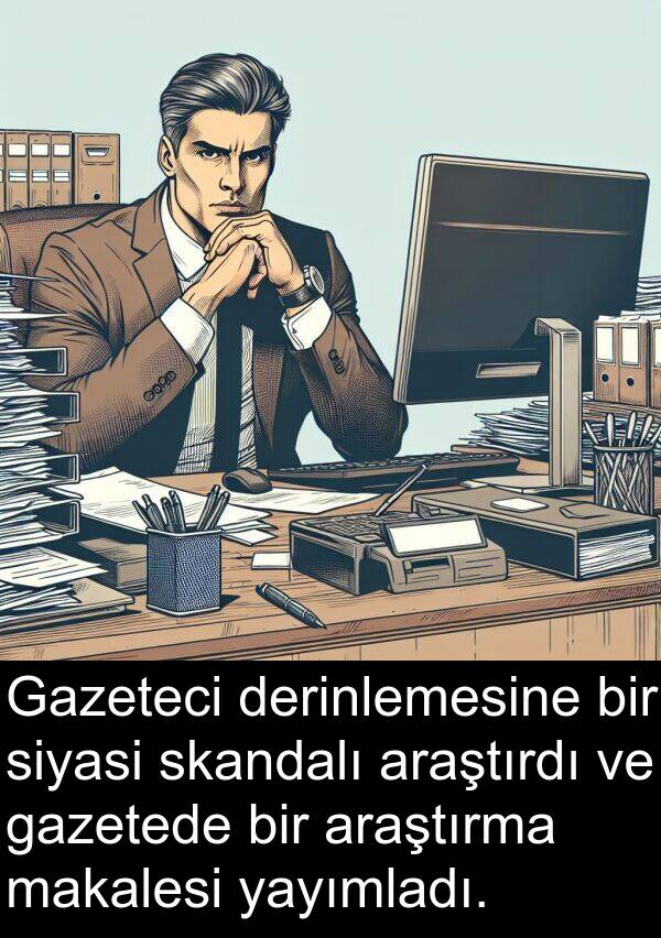 gazetede: Gazeteci derinlemesine bir siyasi skandalı araştırdı ve gazetede bir araştırma makalesi yayımladı.