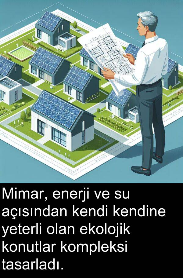 açısından: Mimar, enerji ve su açısından kendi kendine yeterli olan ekolojik konutlar kompleksi tasarladı.