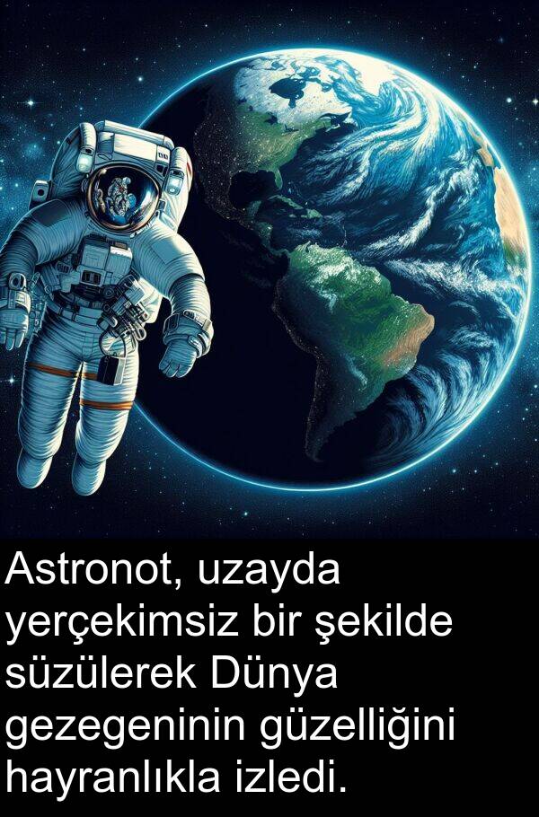 uzayda: Astronot, uzayda yerçekimsiz bir şekilde süzülerek Dünya gezegeninin güzelliğini hayranlıkla izledi.