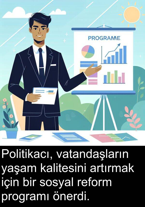 kalitesini: Politikacı, vatandaşların yaşam kalitesini artırmak için bir sosyal reform programı önerdi.
