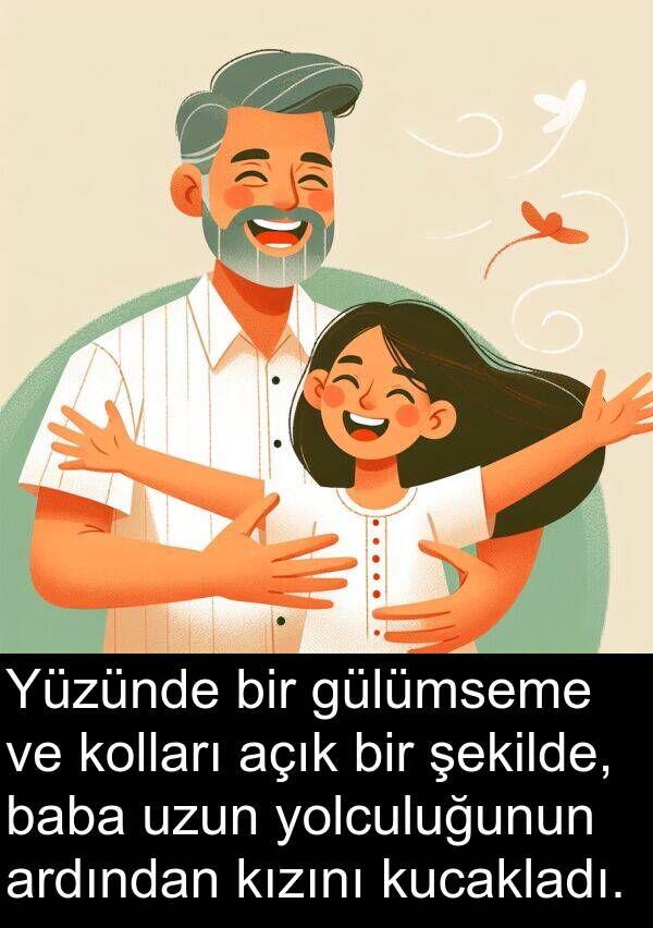 açık: Yüzünde bir gülümseme ve kolları açık bir şekilde, baba uzun yolculuğunun ardından kızını kucakladı.