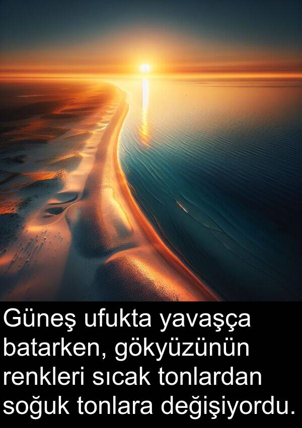 ufukta: Güneş ufukta yavaşça batarken, gökyüzünün renkleri sıcak tonlardan soğuk tonlara değişiyordu.
