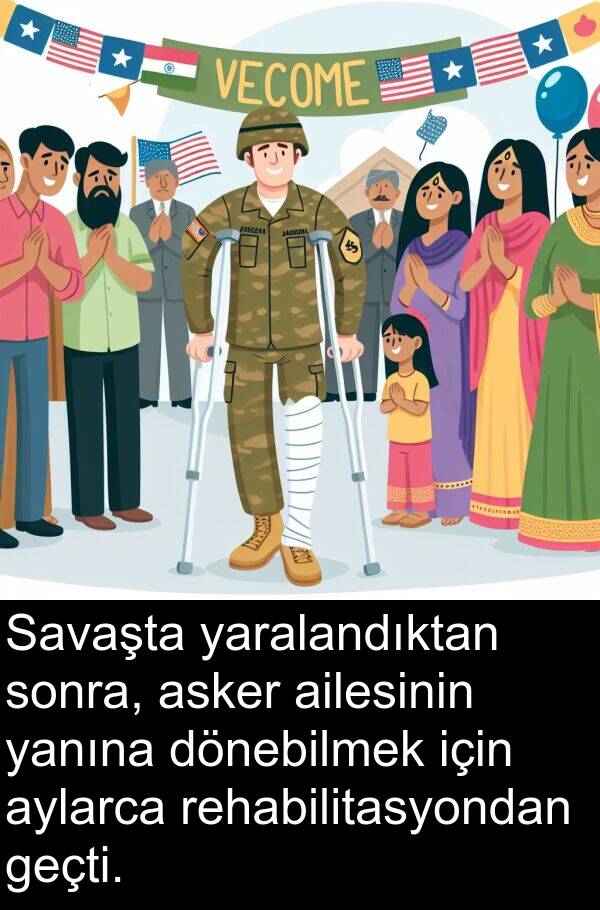 geçti: Savaşta yaralandıktan sonra, asker ailesinin yanına dönebilmek için aylarca rehabilitasyondan geçti.